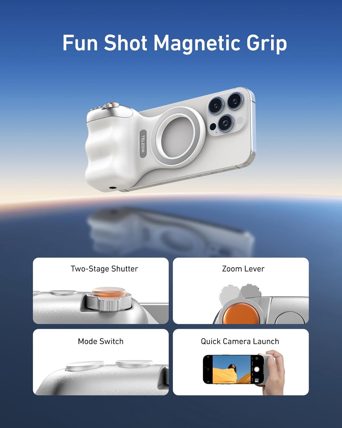 TELESIN Fun Shot Magnetic Grip for iPhone & Android | DSLR Camera Style Shutter Grip with Detachable Wireless Shutter Button