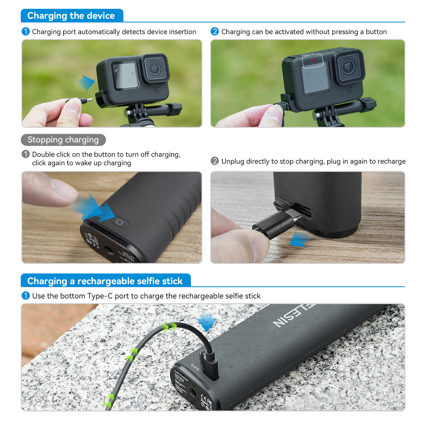 TELESIN Selfie Stick 10000mAh Battery with USB-C Cable for Action Camera