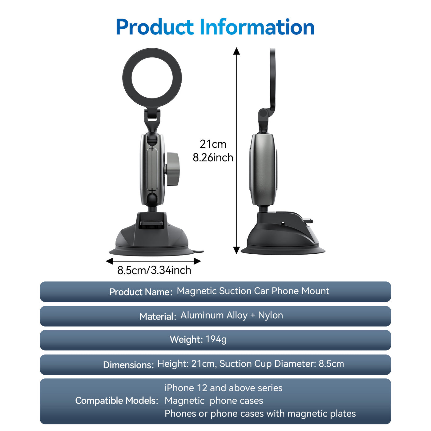 TELESIN Magnetic Suction Cup Mobile Phone Car Mount Compatible with MagSafe | 360° Adjustable Car Windshield Phone Holder Stand for iPhone Android