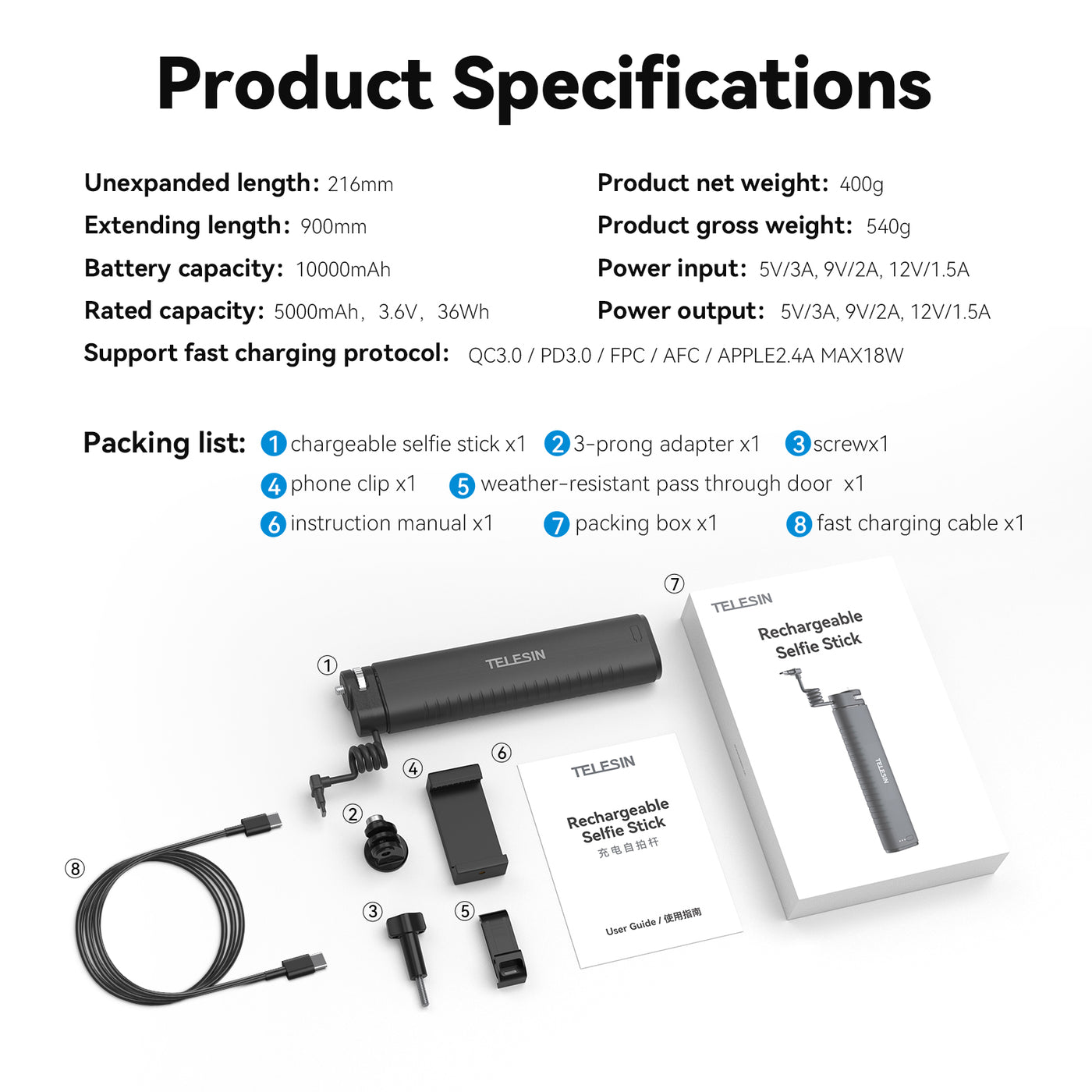 TELESIN Selfie Stick 10000mAh Battery with USB-C Cable for Action Camera