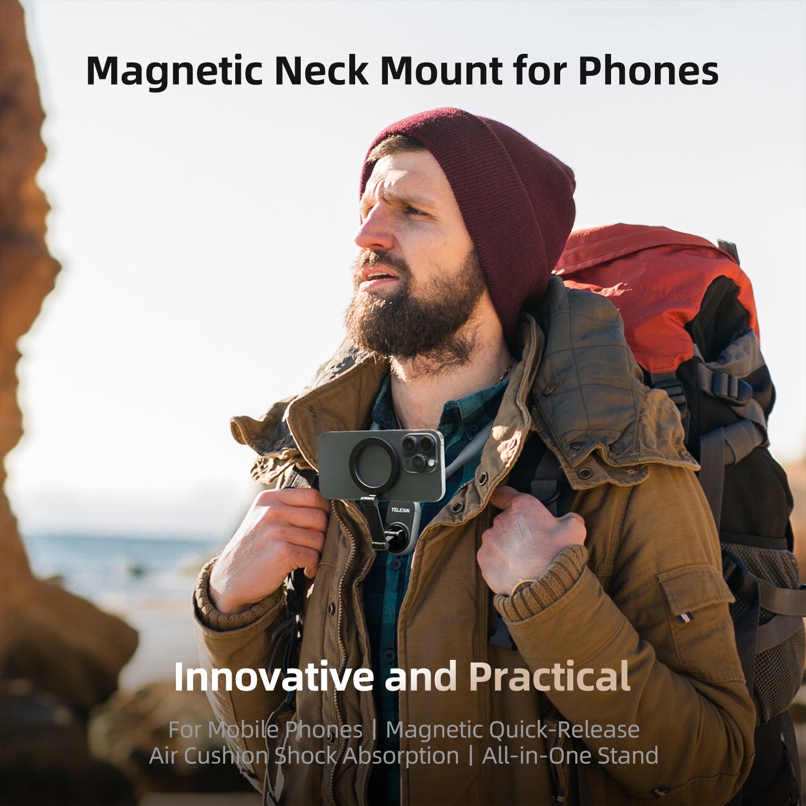 TELESIN Mobile Phone Magnetic Neck POV Mount | MagSafe Compatible Cell Phone Neck Holder Vlog Selfie Mount Hand Free Chest Stand for iPhone 16 15 14 13 12 Series Android Phones