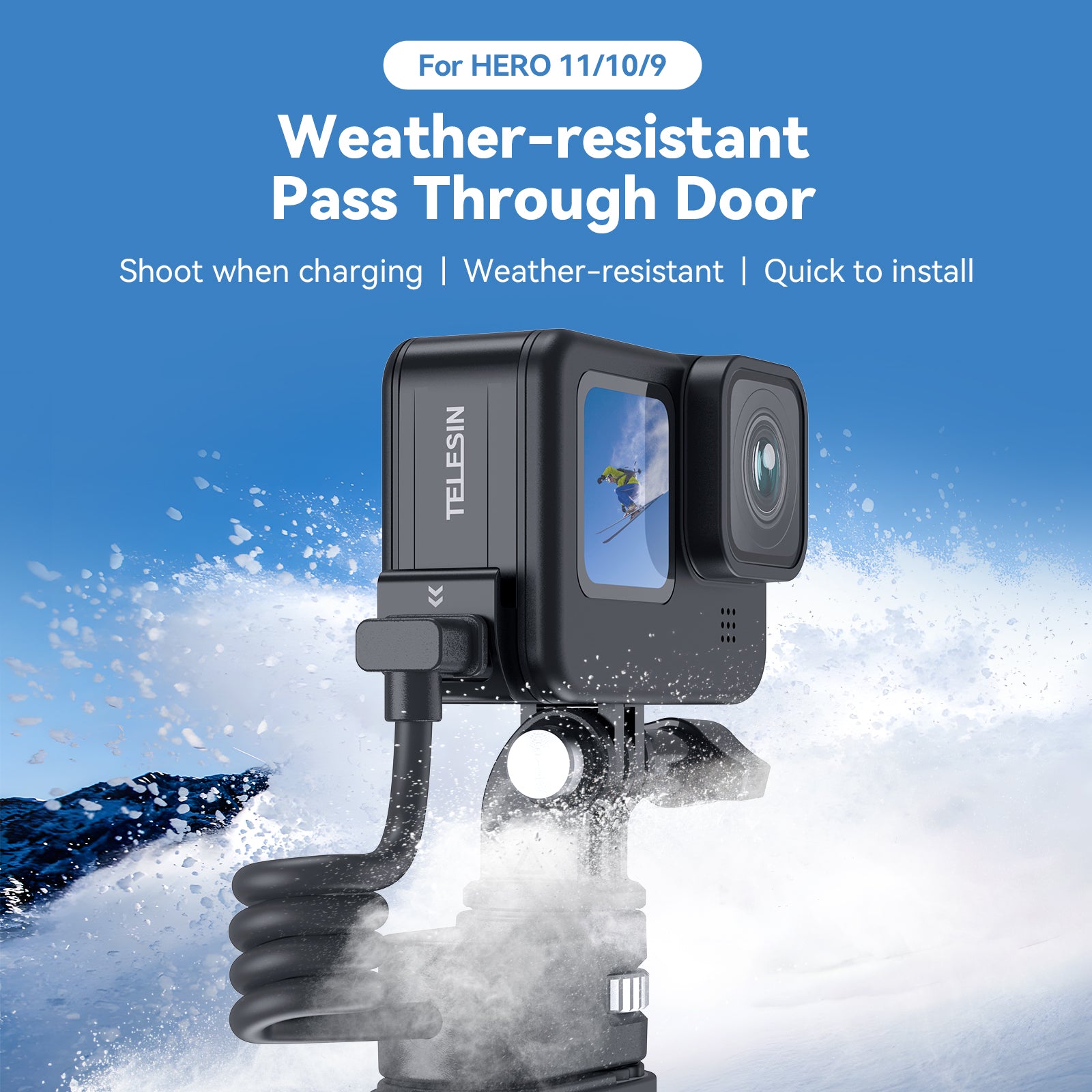 TELESIN Plastic Rechargeable Side Cover Rainproof Snowproof for GoPro Hero 12 Hero 11 Hero 10 Hero 9 Black