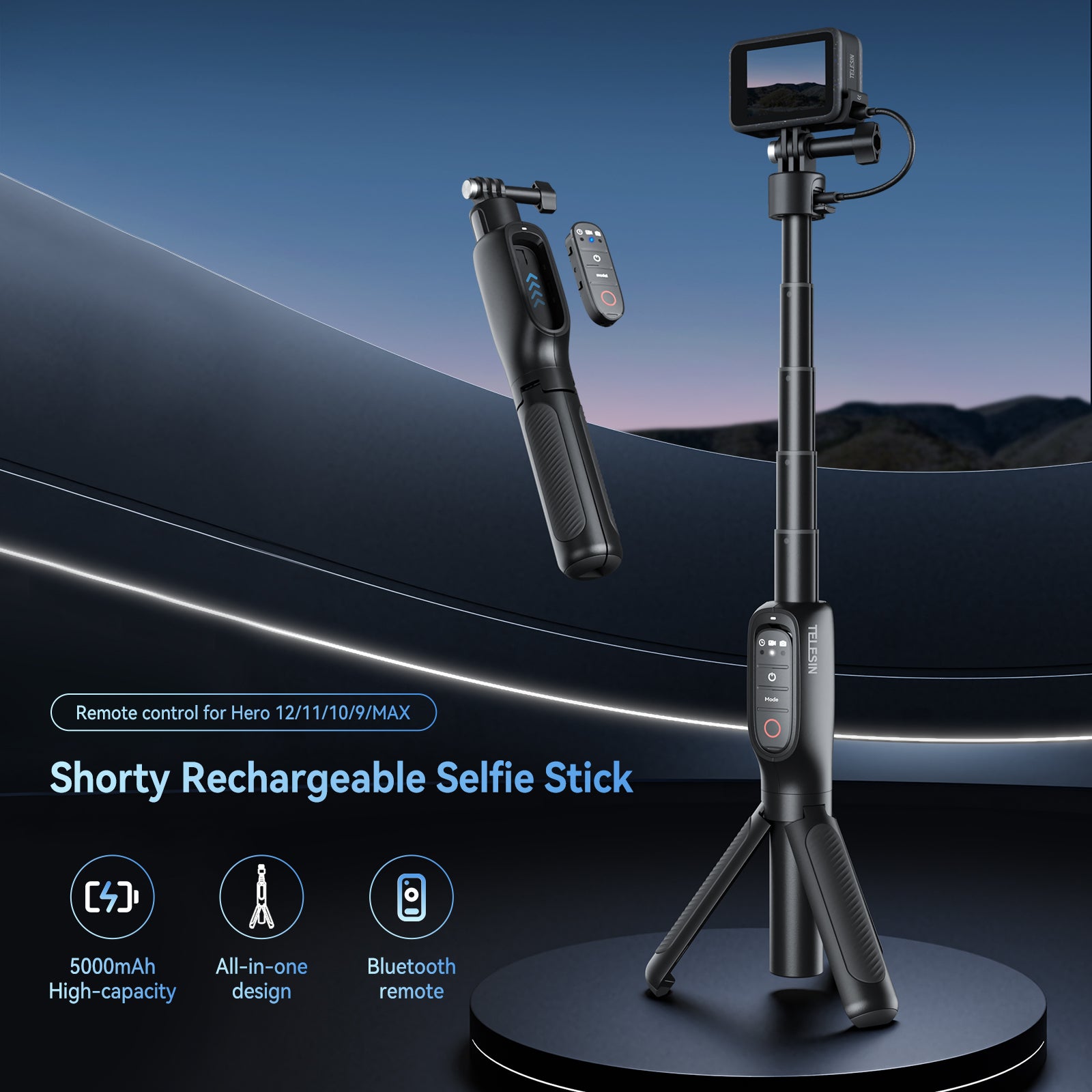 TELESIN Shorty Power Grip Rechargeable Selfie Stick with Remote Control for GoPro HERO13/12/11/10/9/MAX | 5000mAh Battery Tripod Stand Extension