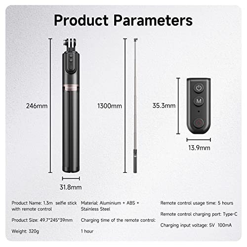 TELESIN 1.3m Wireless Remote Control Selfie Stick for GoPro HERO12 HERO11 HERO10 HERO9 Max with Phone Holder Clip and Tripod for Action Camera Mobile Phone