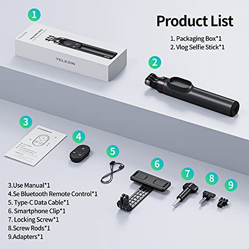 TELESIN Wireless Remote Control Selfie Stick for GoPro HERO11 HERO10 HERO9 GoPro Max with Phone Holder Clip and Tripod for Action Camera Mobile Phone TE-RCSS-001-1, 60CM
