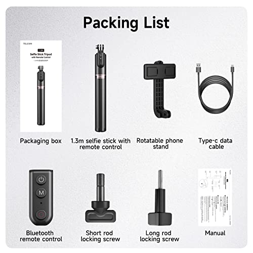 TELESIN 1.3m Wireless Remote Control Selfie Stick for GoPro HERO12 HERO11 HERO10 HERO9 Max with Phone Holder Clip and Tripod for Action Camera Mobile Phone
