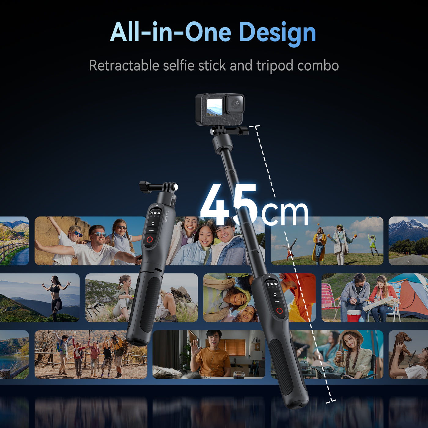 TELESIN Shorty Power Grip Rechargeable Selfie Stick with Remote Control for GoPro HERO13/12/11/10/9/MAX | 5000mAh Battery Tripod Stand Extension
