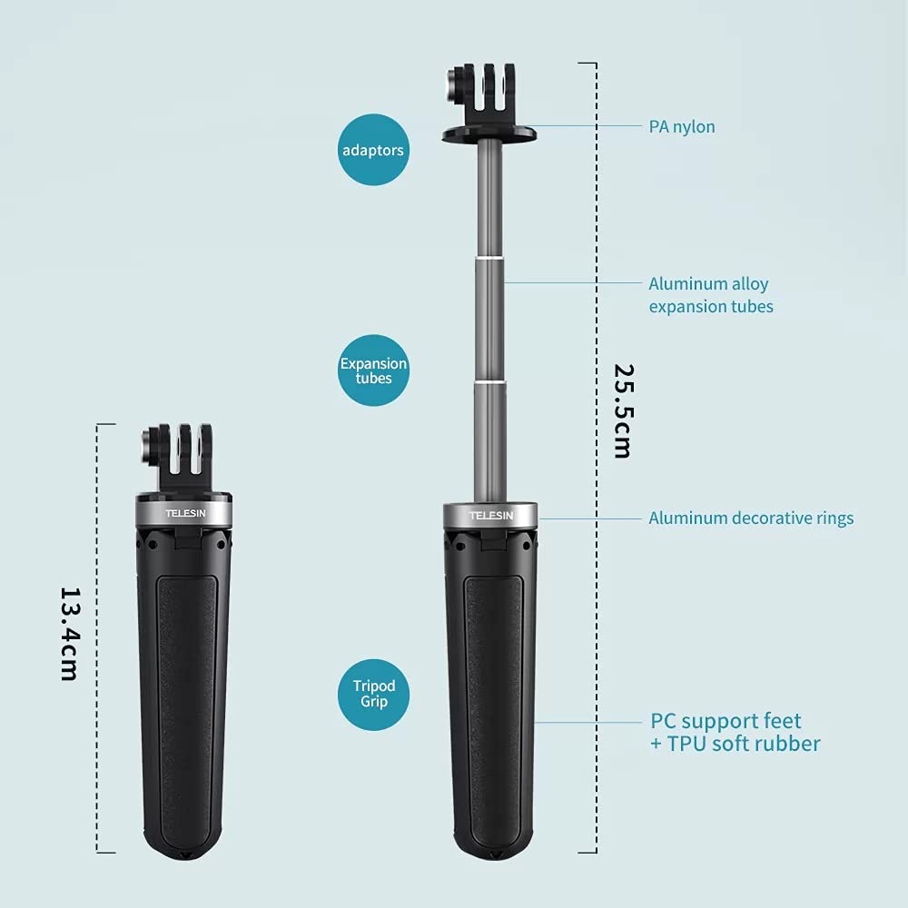 TELESIN Mini Desktop Selfie Stick Tripod for Action Camera, Compact Size Extendable Portable Length Adjustable GoPro DJI Action 2 Osmo Action Insta360 Sports Camera Tripod Stand