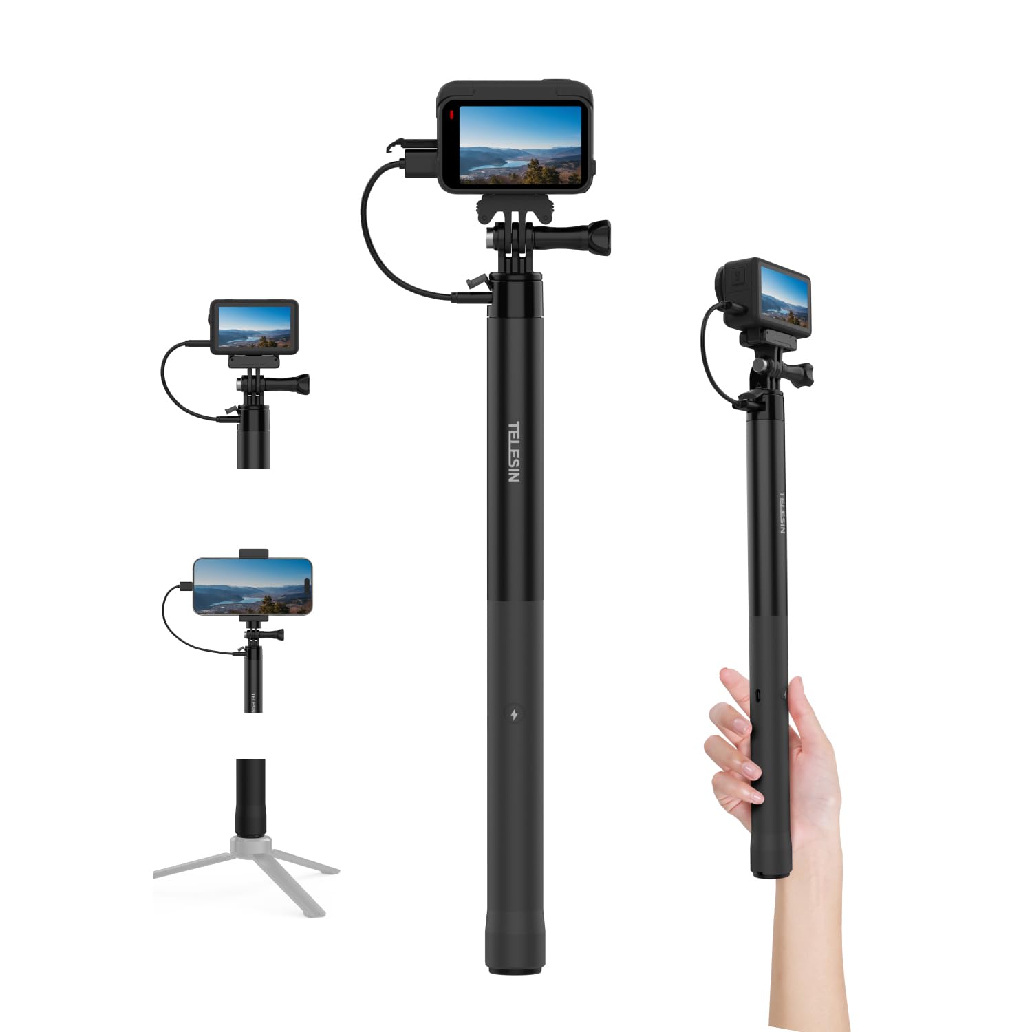 TELESIN Power Selfie Stick 2.0 | 5000mAh Battery Grip, Portable Charging Monopod Pole for GoPro Insta360 DJI Action Camera, Mobile Phone