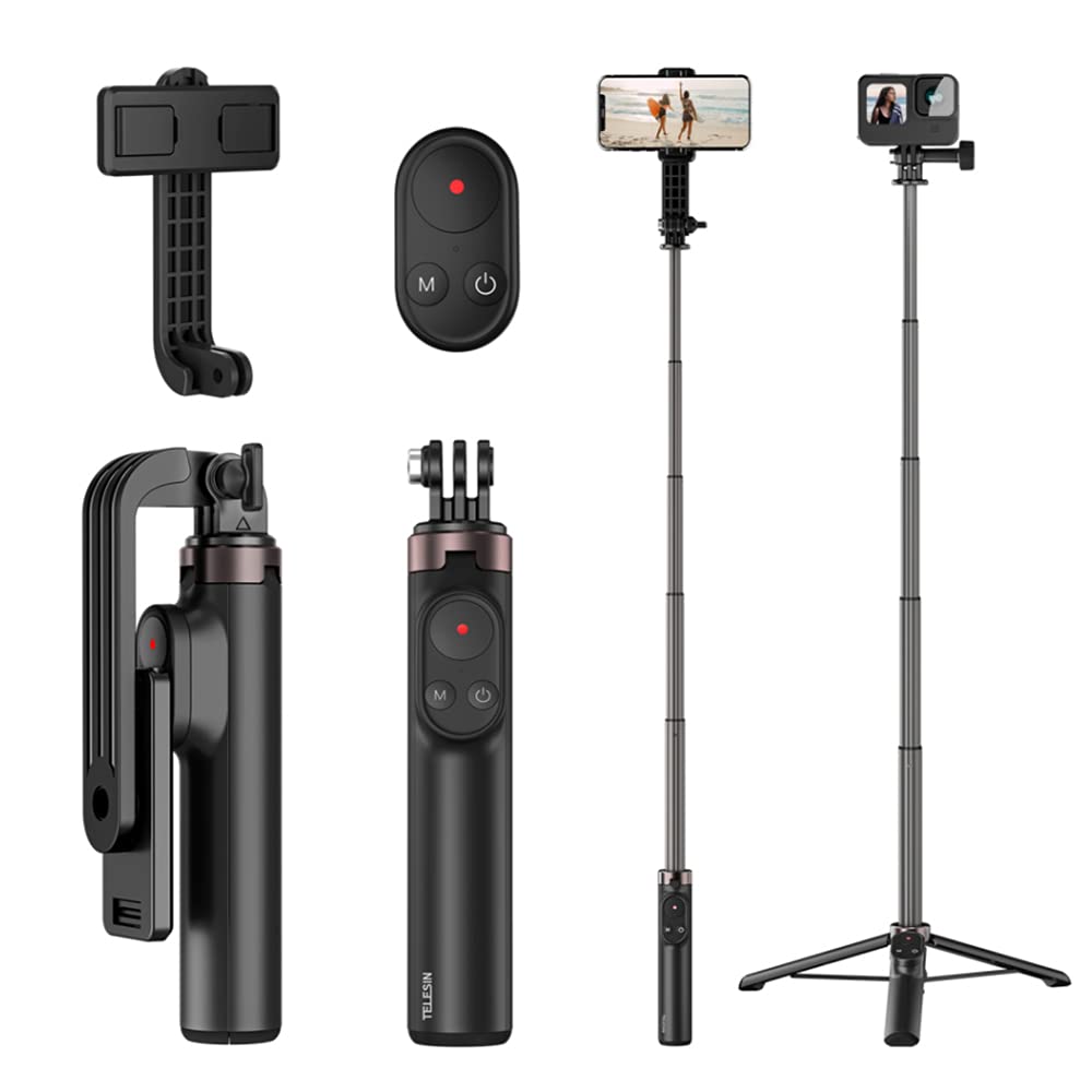 TELESIN Wireless Remote Control Selfie Stick for GoPro HERO13 HERO12 HERO11 HERO10 HERO9 GoPro Max with Phone Holder Clip and Tripod for Action Camera Mobile Phone