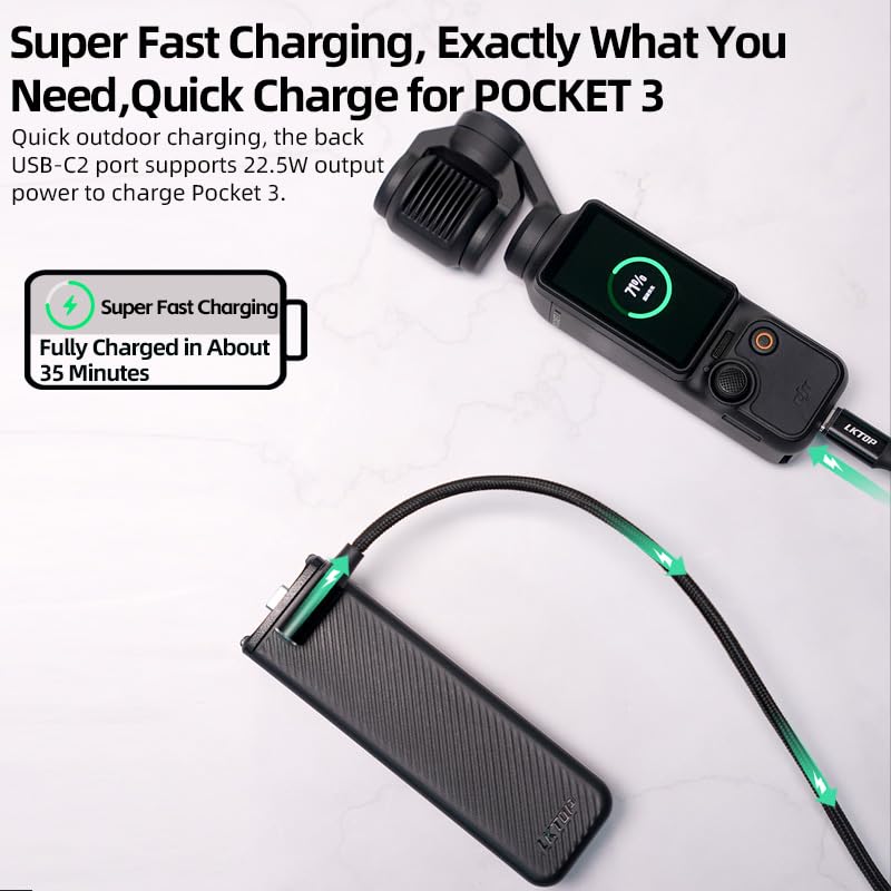 LKTOP Osmo Pocket 3/4 Battery Handle Grip | Built-in 5000mAh Battery 22.5W Fast Charging with Reserved 1/4” Thread Hole Compatible with DJI Pocket 3/4