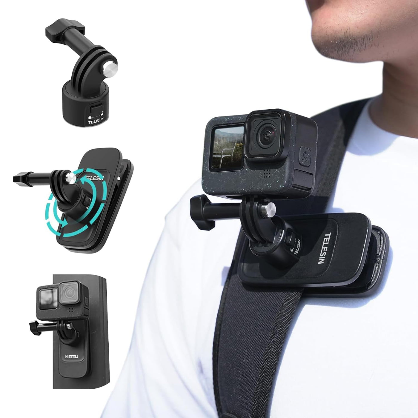 TELESIN S2 Quick Release Magnetic Backpack Strap Mount | 360 Degree Swivel Clip Compatible with GoPro Insta360 DJI Action Osmo Pocket Accessories