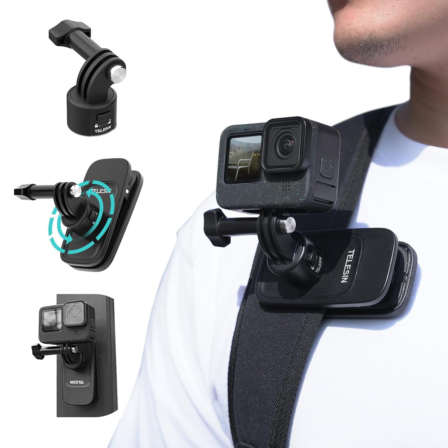 TELESIN S2 Quick Release Magnetic Backpack Strap Mount | 360 Degree Swivel Clip Compatible with GoPro Insta360 DJI Action Osmo Pocket Accessories