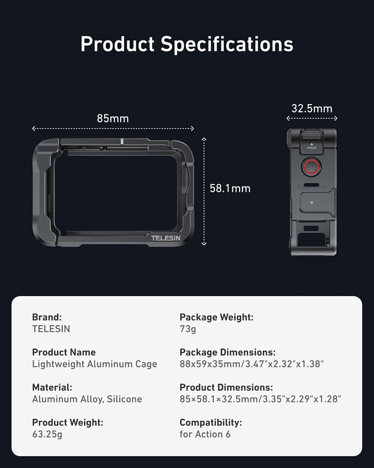 TELESIN Aluminum Alloy Protective Frame Case for DJI Osmo Action 6