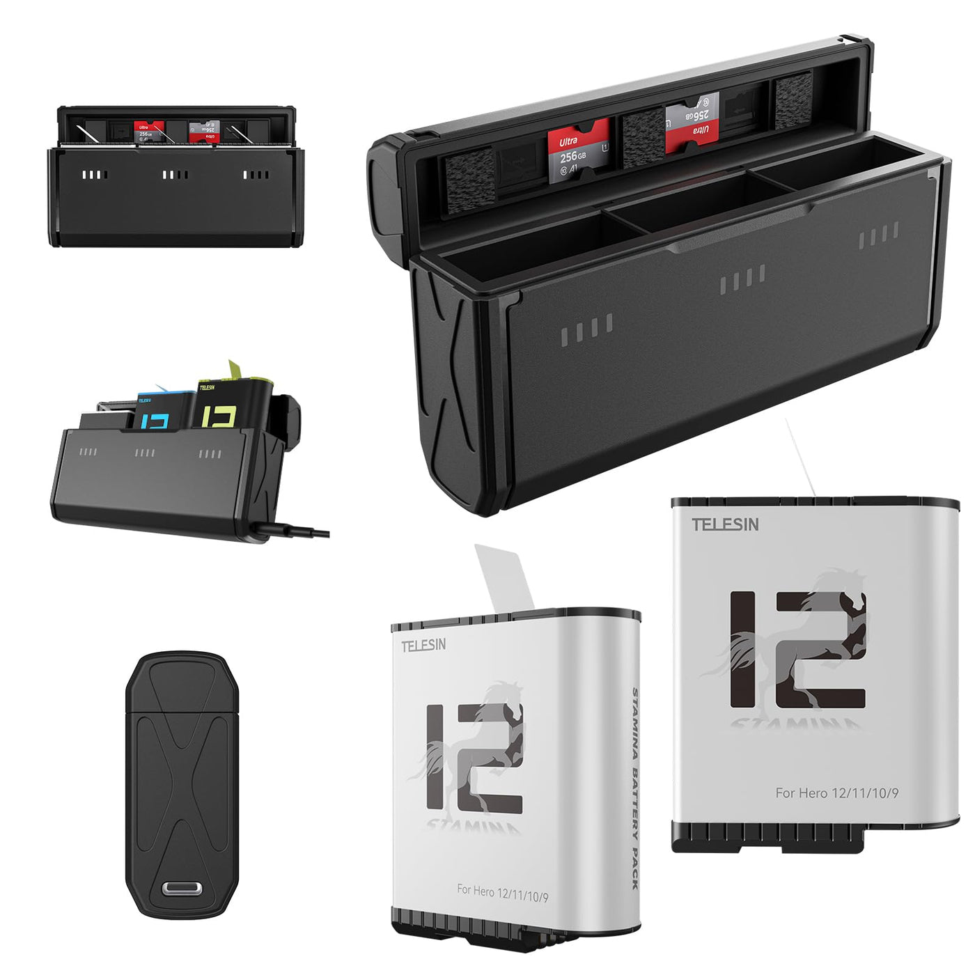 TELESIN 2-Pack Stamina Battery and Pocket Storage Charging Box Bundle for GoPro HERO12/11/10/9 Multifunctional with Flat Design