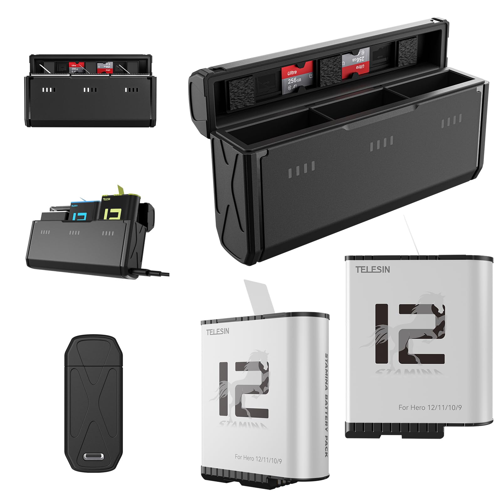 TELESIN 2-Pack Stamina Battery and Pocket Storage Charging Box Bundle for GoPro HERO12/11/10/9 Multifunctional with Flat Design