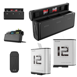 TELESIN 2-Pack Stamina Battery and Pocket Storage Charging Box Bundle for GoPro HERO12/11/10/9 Multifunctional with Flat Design
