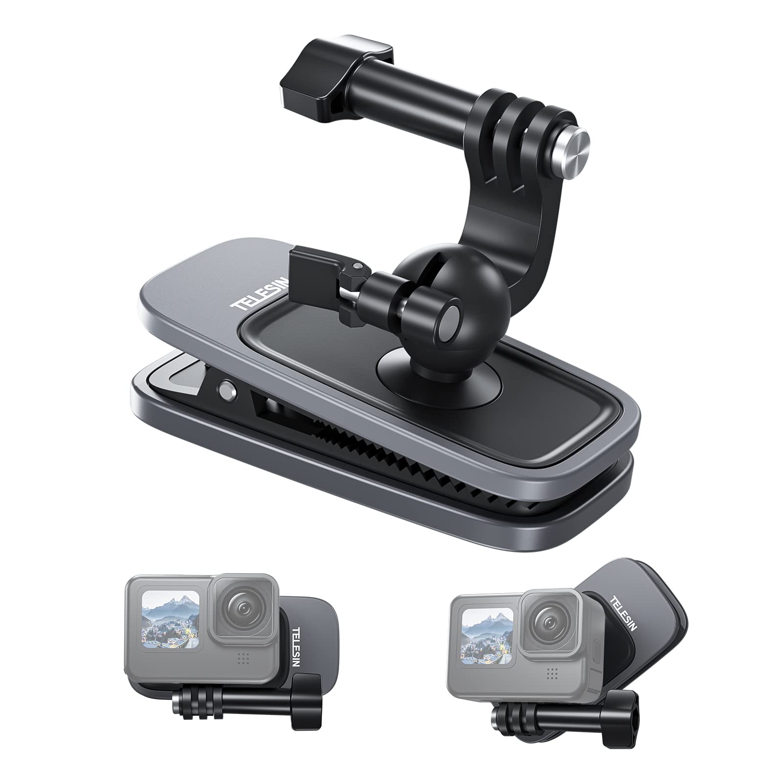 TELESIN Upgraded Magnetic Backpack Strap Holder With 360 Rotary Ball Mount for Action Camera Universal Clip