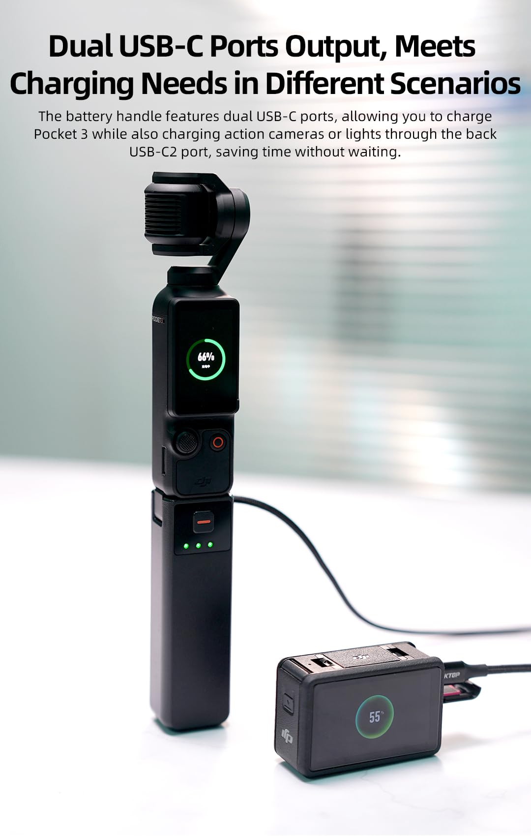 LKTOP Osmo Pocket 3/4 Battery Handle Grip | Built-in 5000mAh Battery 22.5W Fast Charging with Reserved 1/4” Thread Hole Compatible with DJI Pocket 3/4