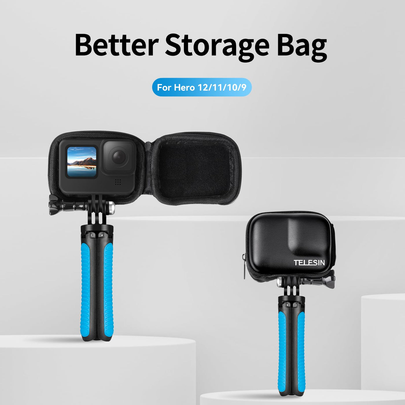 TELESIN Small Carry Case for GoPro HERO12 11 10 9 Black | Protective Case with Half Open Zipper Supports Connecting with Selfie Stick and Tripod
