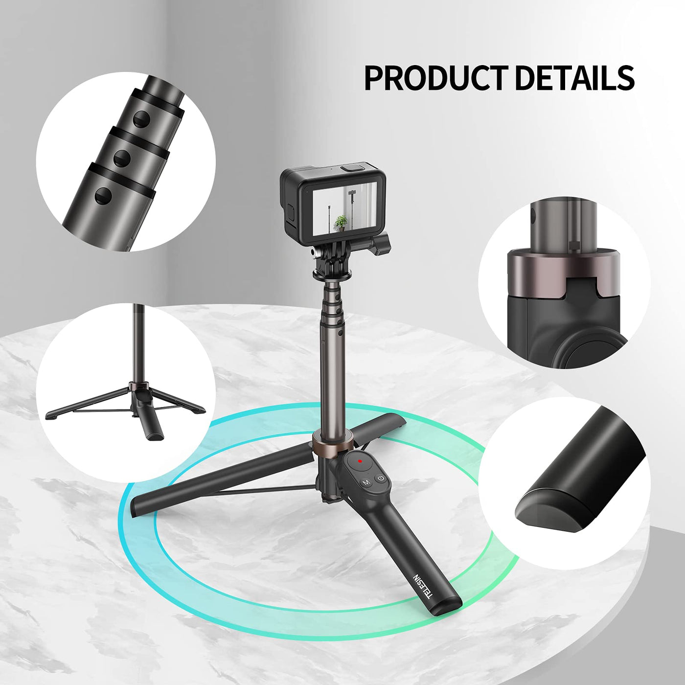 TELESIN Wireless Remote Control Selfie Stick for GoPro HERO11 HERO10 HERO9 GoPro Max with Phone Holder Clip and Tripod for Action Camera Mobile Phone TE-RCSS-001-1, 60CM