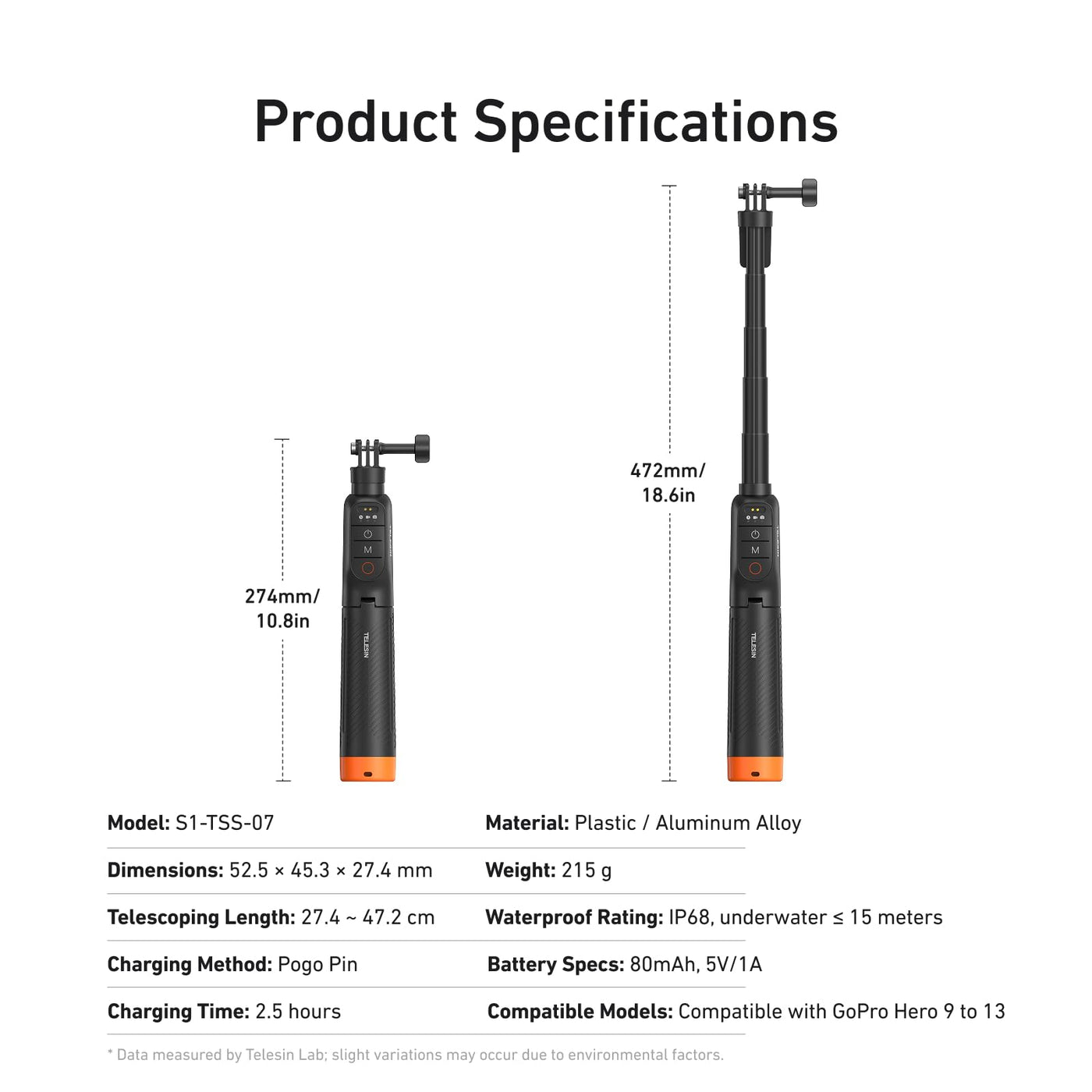 TELESIN 3-in-1 Bluetooth Remote Control Floating Tripod for GoPro HERO13/12/11/10/9/Max | 15 Meter Depth Waterproof Extendable Selfie Stick Hand Grip with Signal Booster
