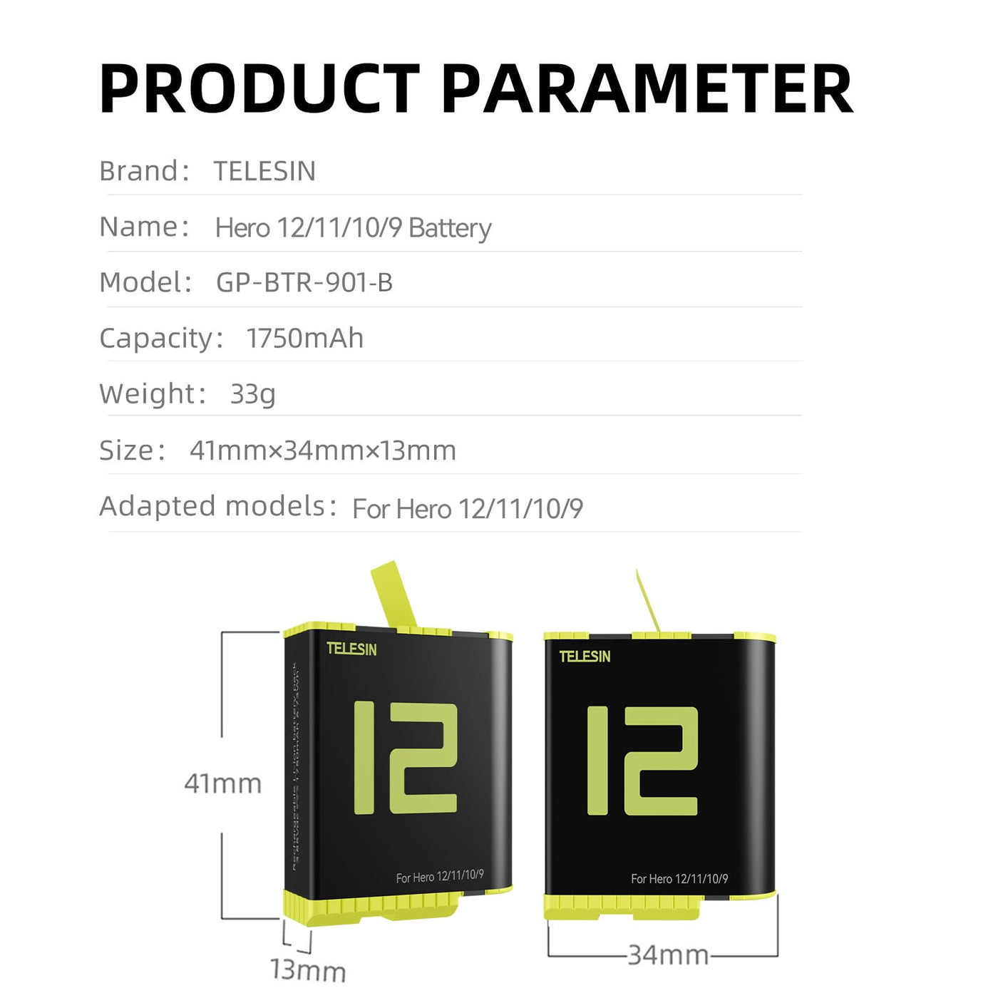 TELESIN Battery for GoPro HERO12 HERO11 HERO10 HERO9 Black | Camera Battery for GoPro 12 11 10 9 - Yellow