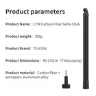 TELESIN 2nd Gen 2.7M Ultra Long Carbon Fiber Selfie Stick for GoPro Insta360 DJI Action Osmo Action Extendable at 6 Lengths