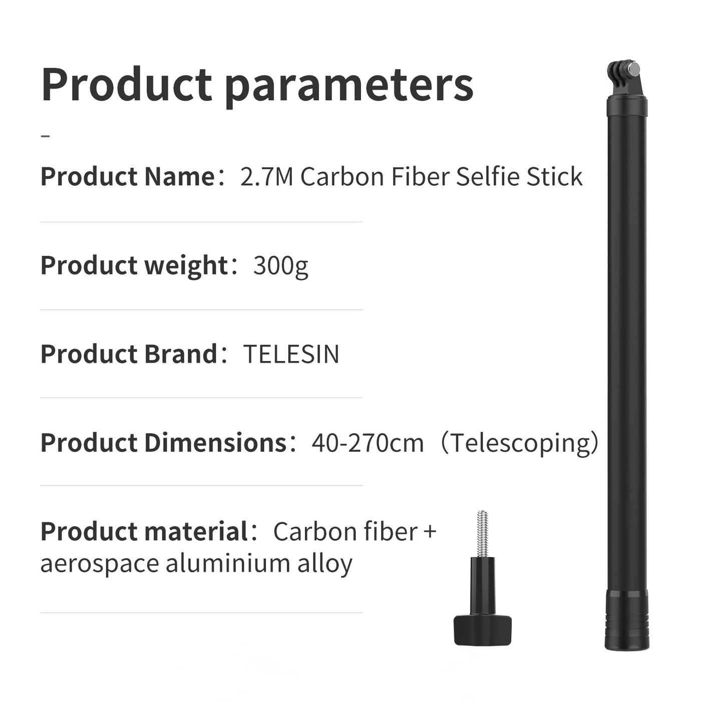 TELESIN 2nd Gen 2.7M Ultra Long Carbon Fiber Selfie Stick for GoPro Insta360 DJI Action Osmo Action Extendable at 6 Lengths