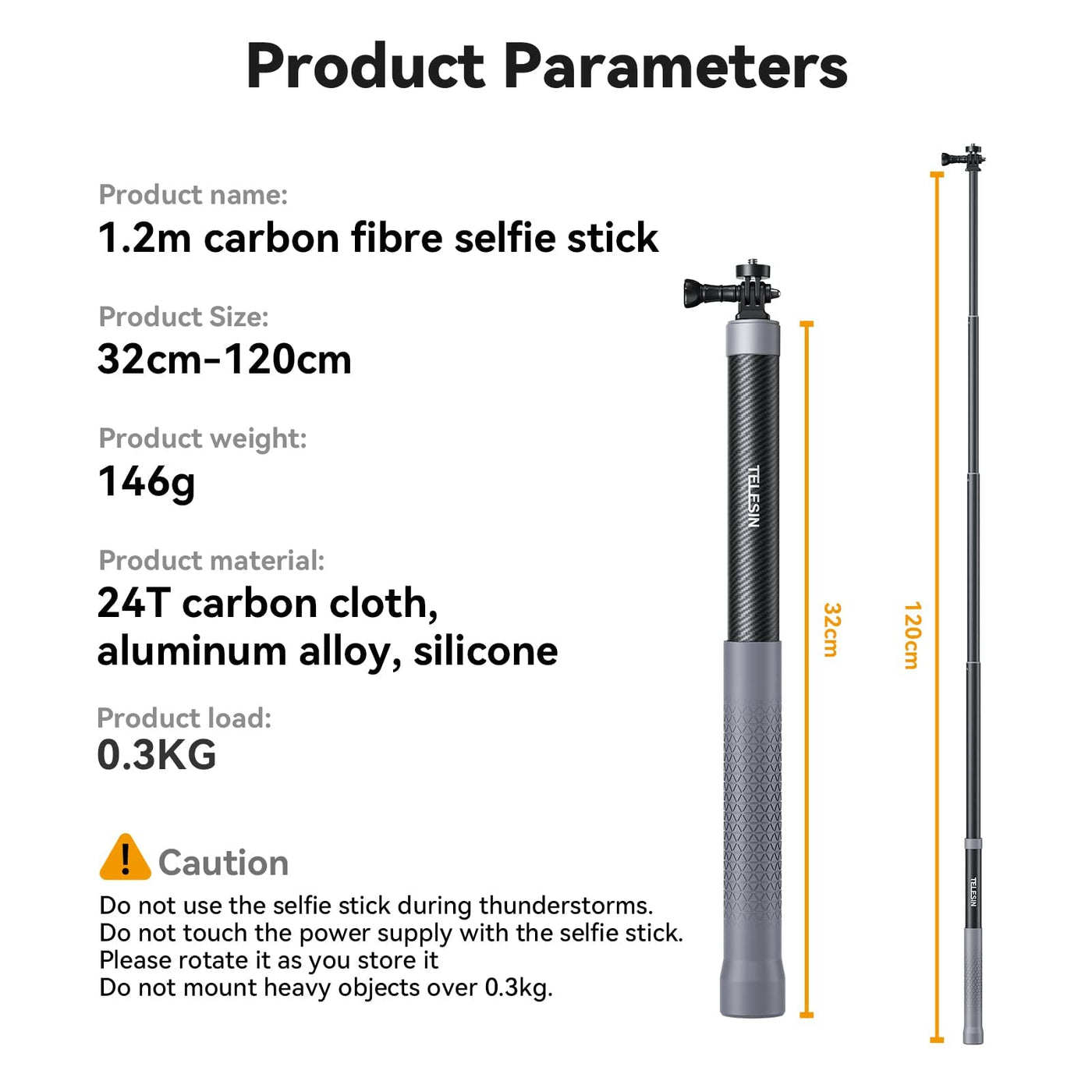 TELESIN 2nd Gen 1.2 Meter Carbon Fiber Selfie Stick for Action Camera, Invisible Stick for Insta360 ONE RS, ONE X3-120CM