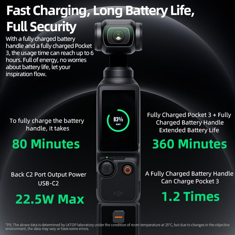 LKTOP Osmo Pocket 3/4 Battery Handle Grip | Built-in 5000mAh Battery 22.5W Fast Charging with Reserved 1/4” Thread Hole Compatible with DJI Pocket 3/4