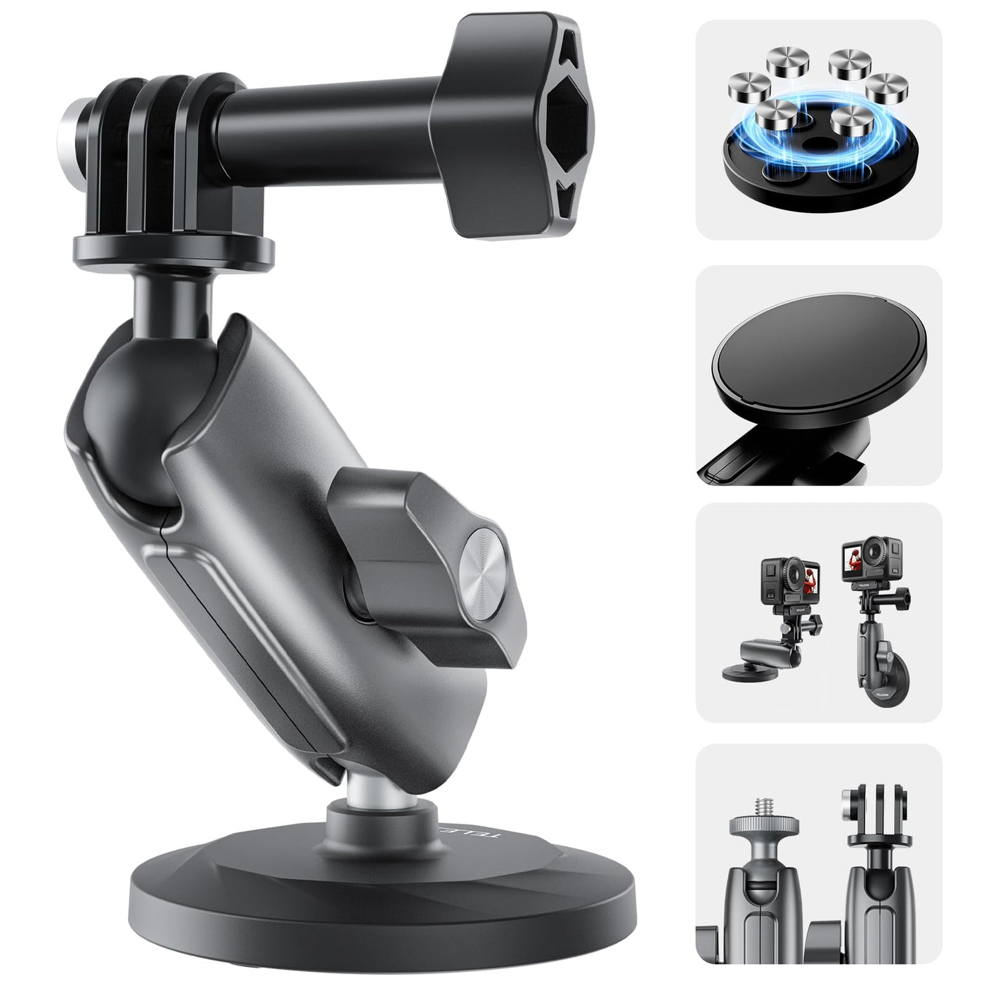 TELESIN Aluminum Alloy Magnetic Camera Mount | 360 Rotation Magic Arm Car Body Magnet Metal Attachment for GoPro Insta360 DJI Action Camera