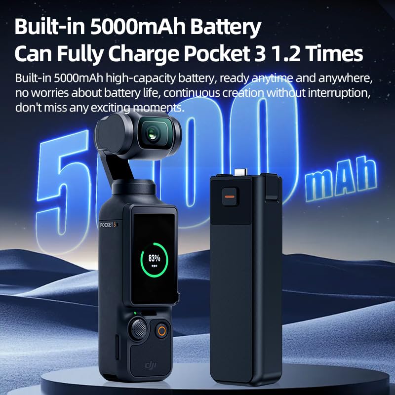 LKTOP Osmo Pocket 3/4 Battery Handle Grip | Built-in 5000mAh Battery 22.5W Fast Charging with Reserved 1/4” Thread Hole Compatible with DJI Pocket 3/4