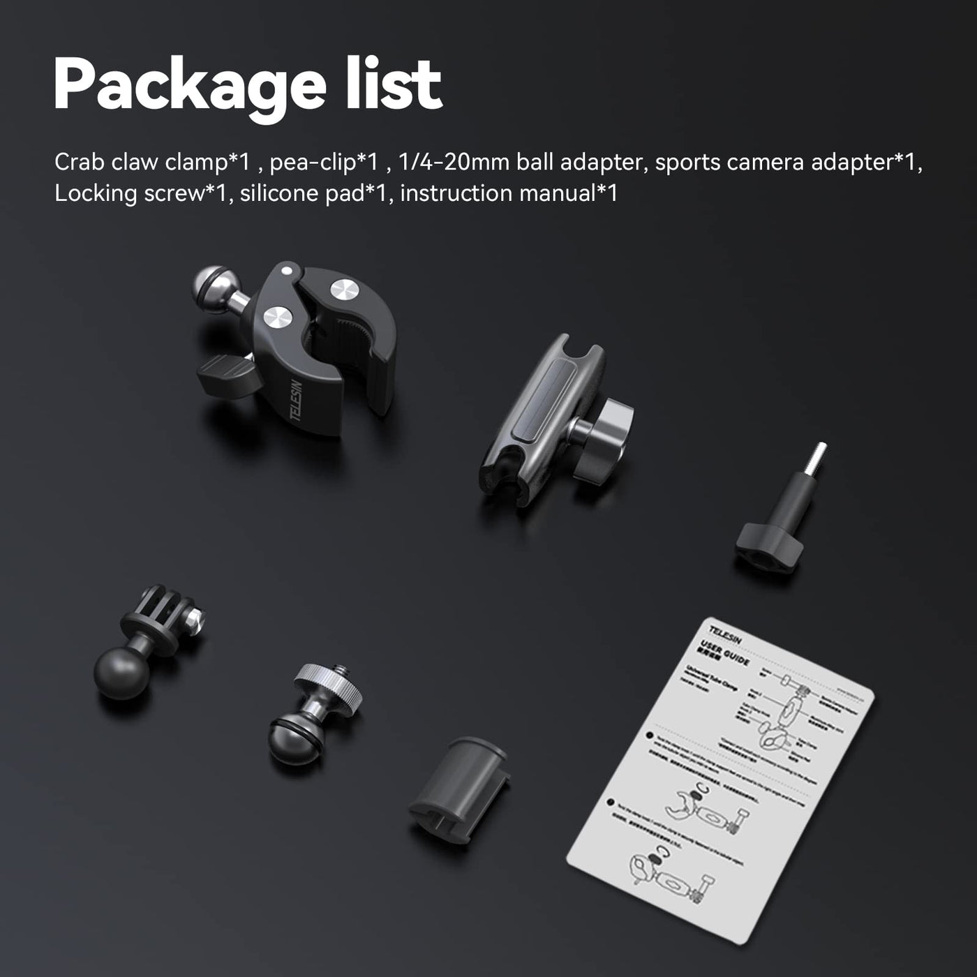 TELESIN Claw Clamp Mount with Dua Ball Head for Action Camera Smartphone, Bike Motorcycle Handlebar Clip 360 Degree Adjustable Magic Arm