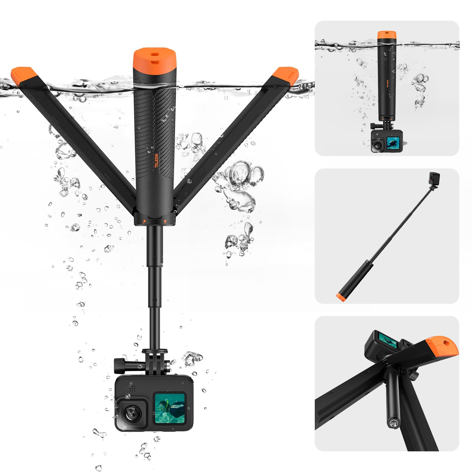 TELESIN Floating Hand Grip Tripod Waterproof Extendable Selfie Stick for GoPro Insta360 DJI Osmo Action Camera