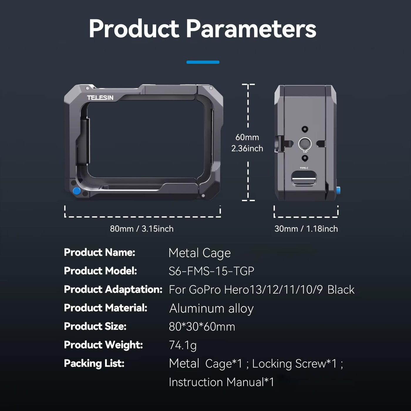 TELESIN Metal Cage Ultra for GoPro HERO 13/12/11/10/9 | Upgrade Magnesium-Aluminum Alloy Protective Frame Case with Side Charging Protection Cold Shoe