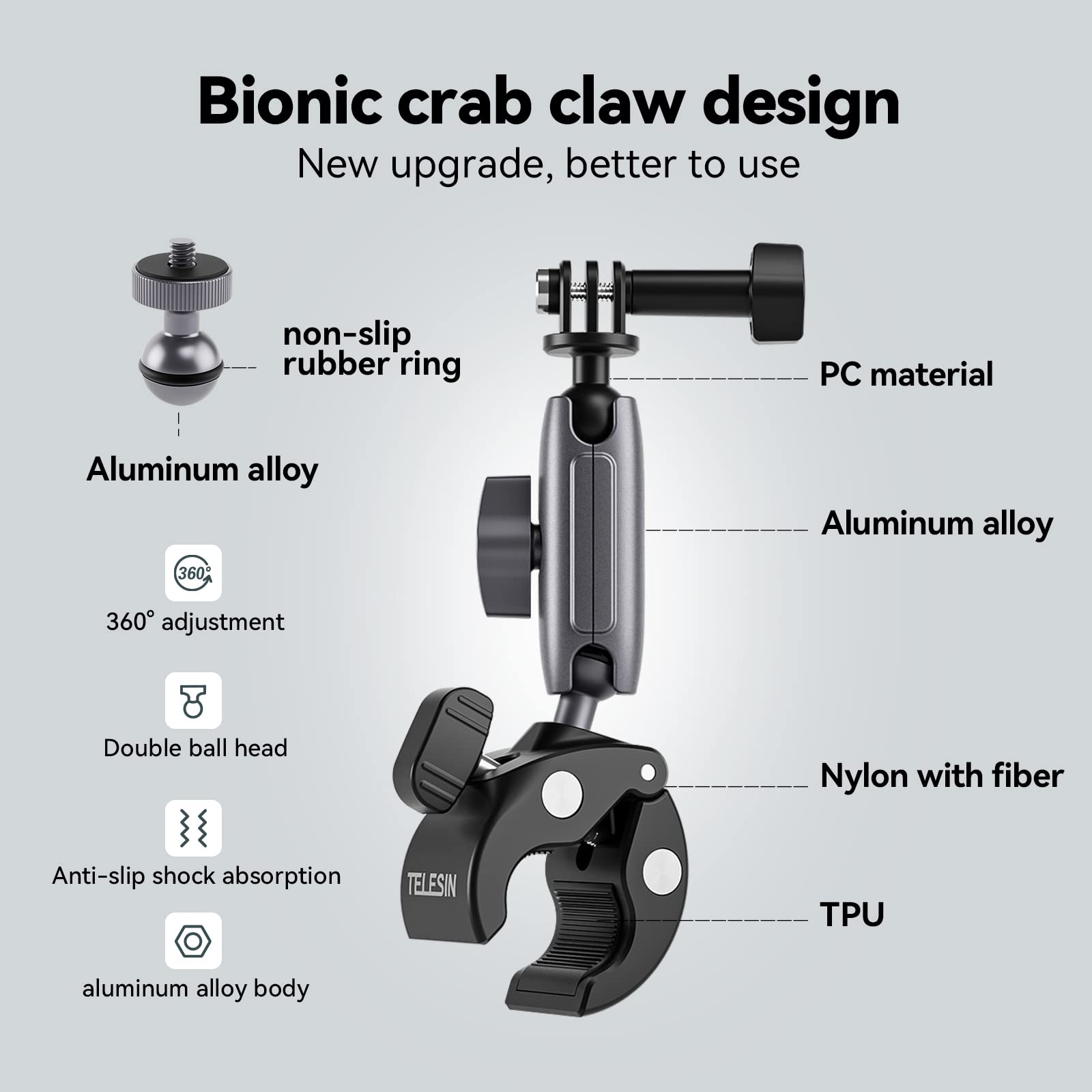 TELESIN Claw Clamp Mount with Dua Ball Head for Action Camera Smartphone, Bike Motorcycle Handlebar Clip 360 Degree Adjustable Magic Arm