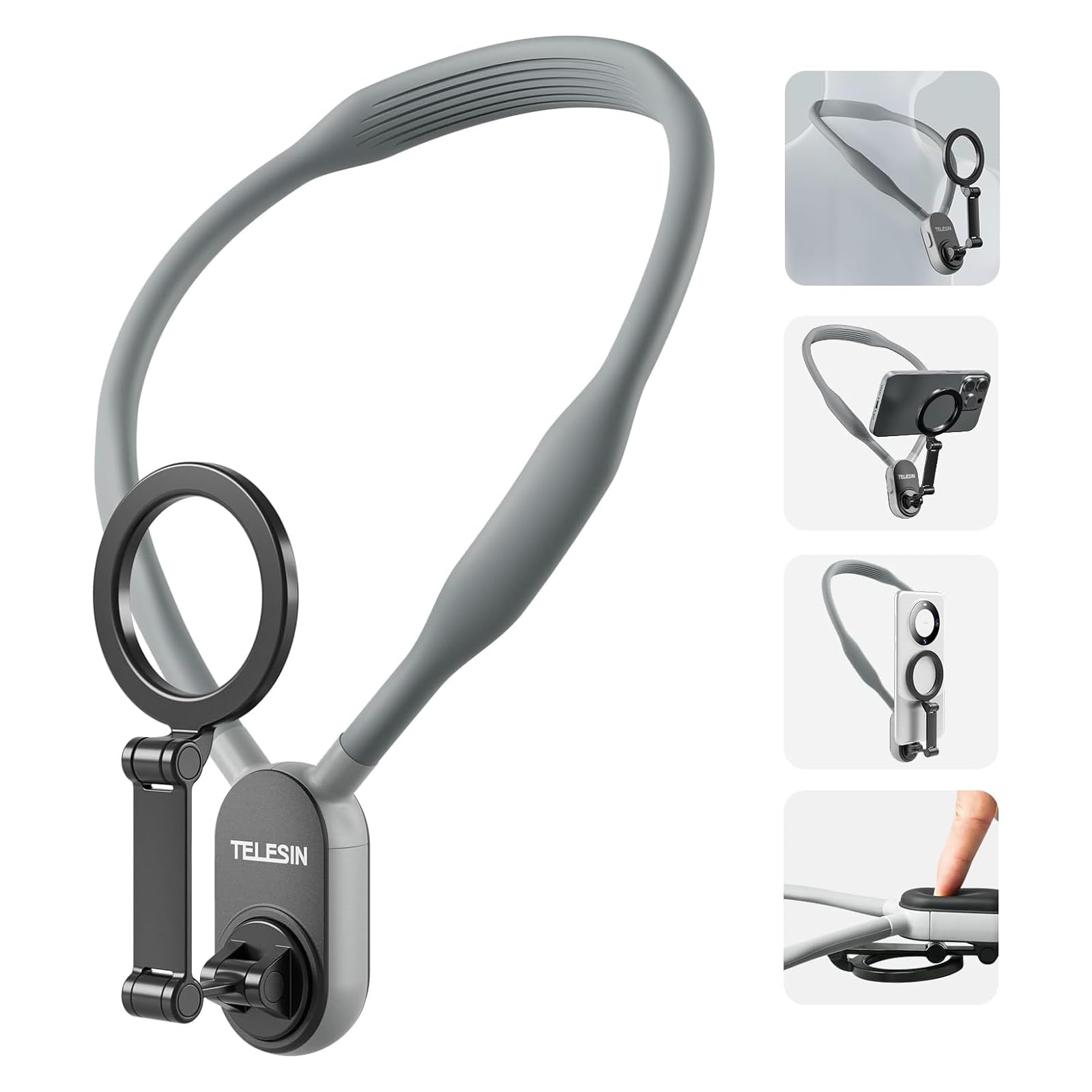 TELESIN Magnetic Neck POV Mount for Mobile Phone | Cell Phone Neck Holder Vlog Selfie Mount Hand Free Chest Stand Strap for iPhone 15 14 13 12 Series Android Phones - Grey