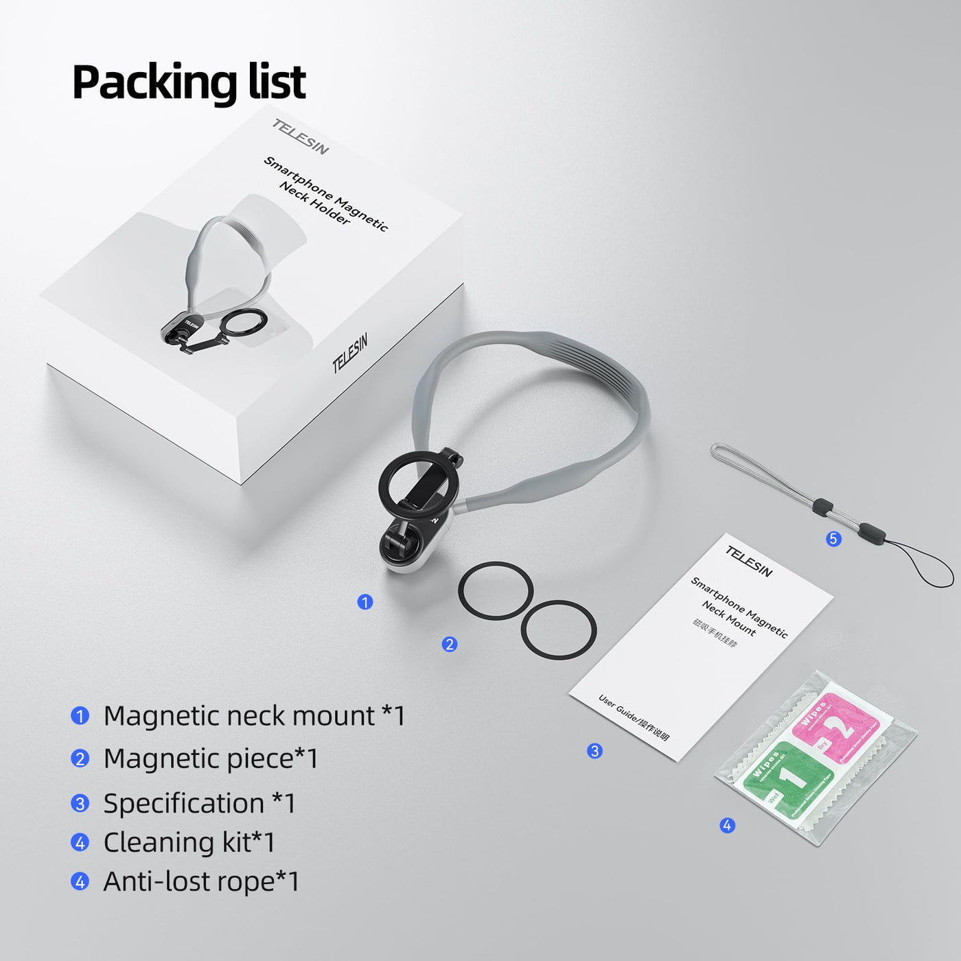 TELESIN Magnetic Neck POV Mount for Mobile Phone | Cell Phone Neck Holder Vlog Selfie Mount Hand Free Chest Stand Strap for iPhone 15 14 13 12 Series Android Phones - Grey