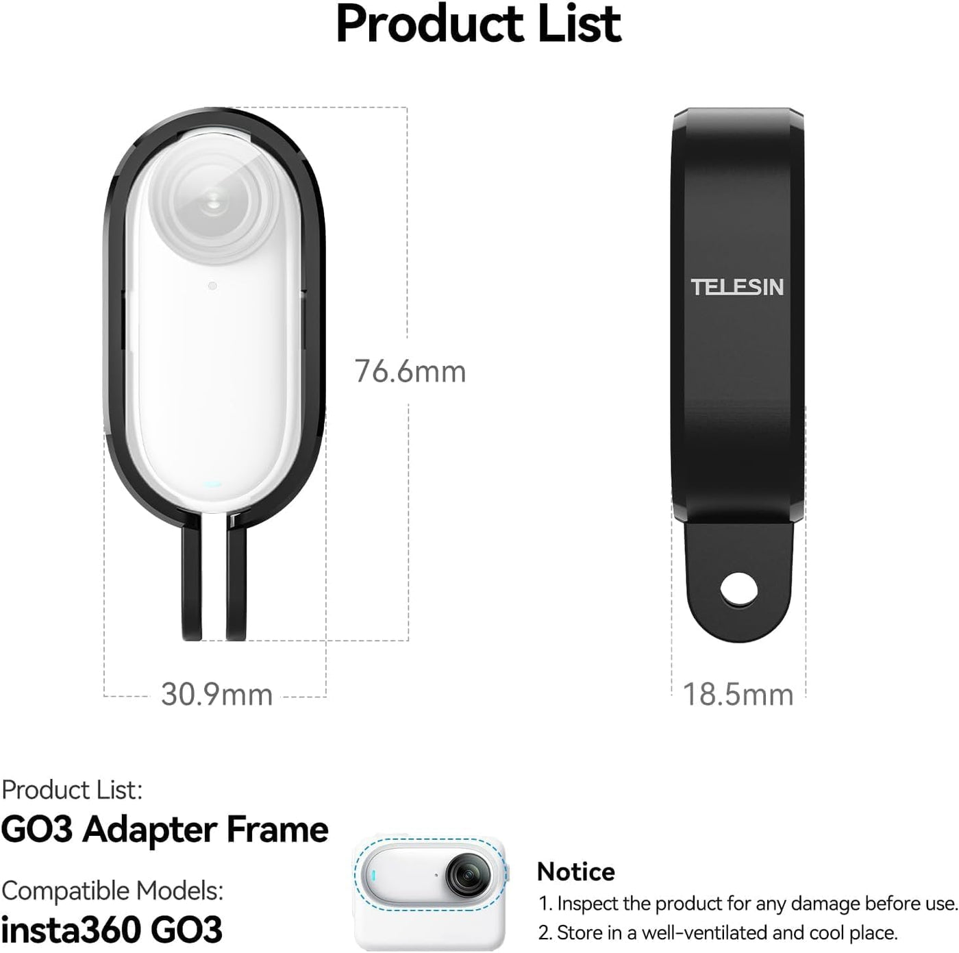 TELESIN Tripod Mount Adapter for Insta360 GO3 Action Camera | Plastic Frame Protective Mounting Case Compatible with Insta360 GO 3 Accessory