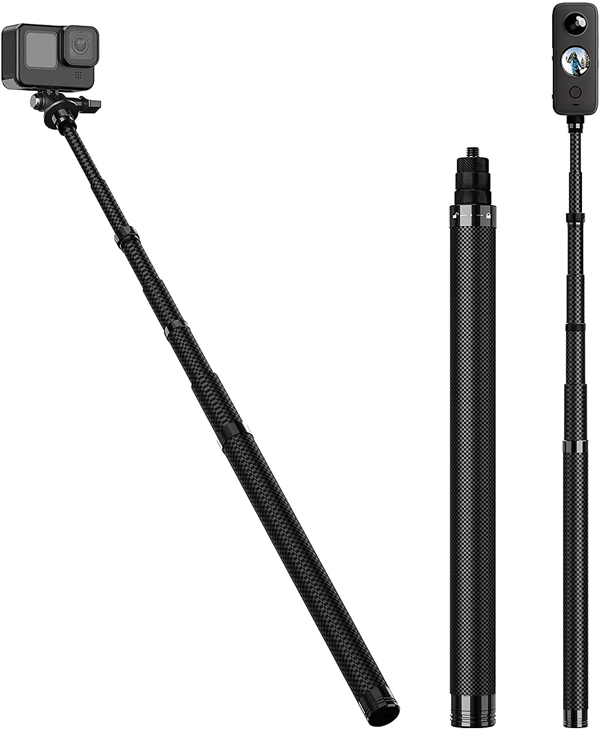 TELESIN Upgraded 1.16 Meters Carbon Fiber Ultra Light Selfie Stick for GoPro Osmo Action Camera, Invisible Stick for GoPro MAX, Insta360 ONE R ONE X2