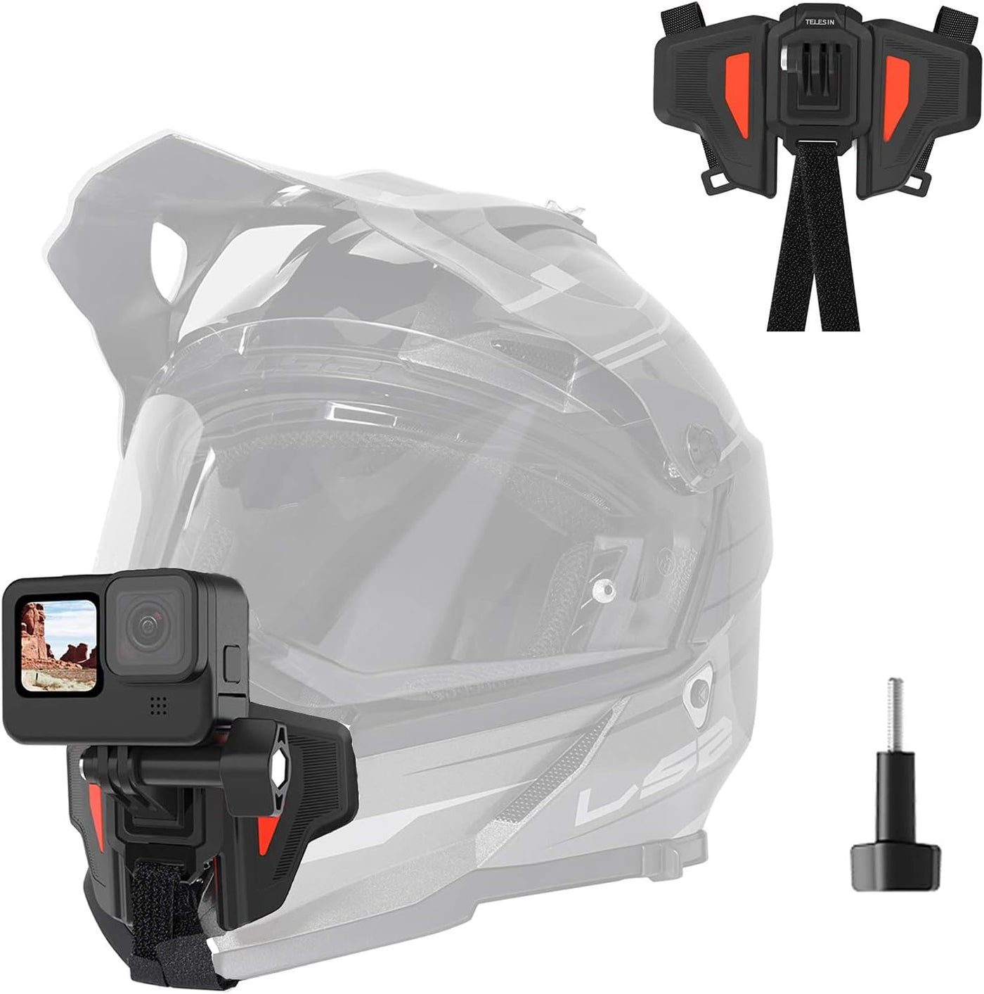 TELESIN Upgraded Motorcycle Helmet Chin Mount for GoPro Insta 360 One R One X DJI Osmo Action Pocket Cellphone and More Action Camera, with GoPro Mount Adapter Screw Accessories in Kit (Orange)