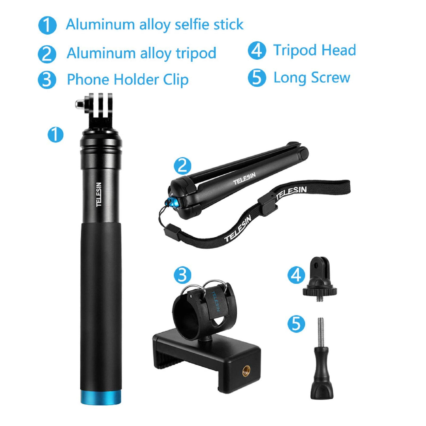 TELESIN Selfie Stick Monopod for GoPro, Selfie Pole with Tripod Mount Phone Holder Clip for GoPro Hero 11 10 9 8 7 6 5+, Insta360 One R RS, DJI Action 2 3 OSMO Action Camera