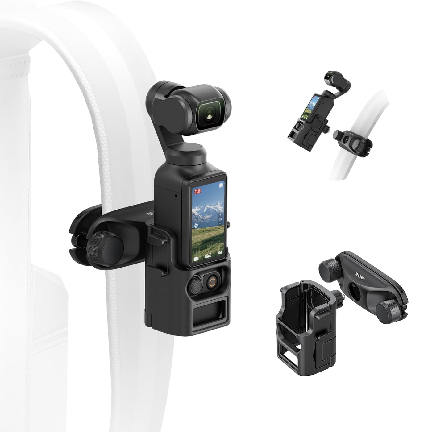 TELESIN Quick Release Backpack Strap Mount for DJI Osmo Pocket 3 | One-Handed Clip Holder with Dual Lock, Anti-Slip Silicone Pad, Fits Most Backpack Straps, Outdoor POV Accessory