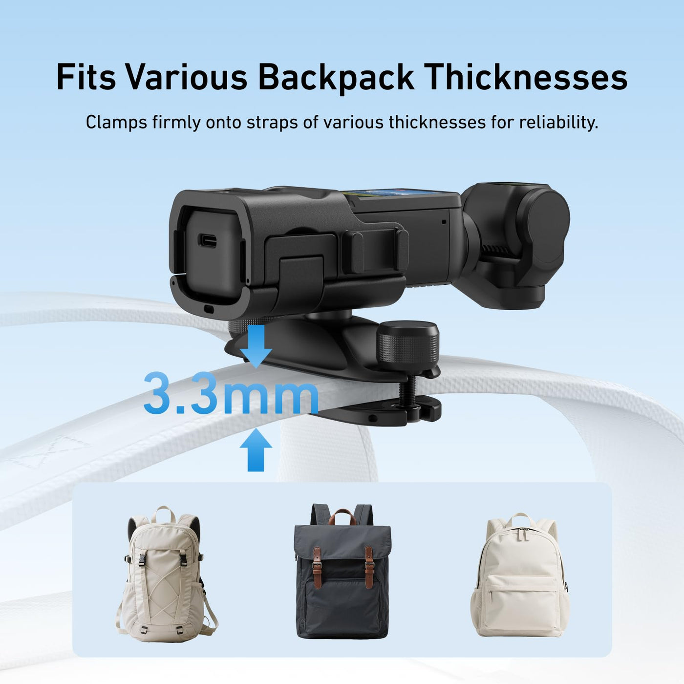 TELESIN Quick Release Backpack Strap Mount for DJI Osmo Pocket 3 | One-Handed Clip Holder with Dual Lock, Anti-Slip Silicone Pad, Fits Most Backpack Straps, Outdoor POV Accessory