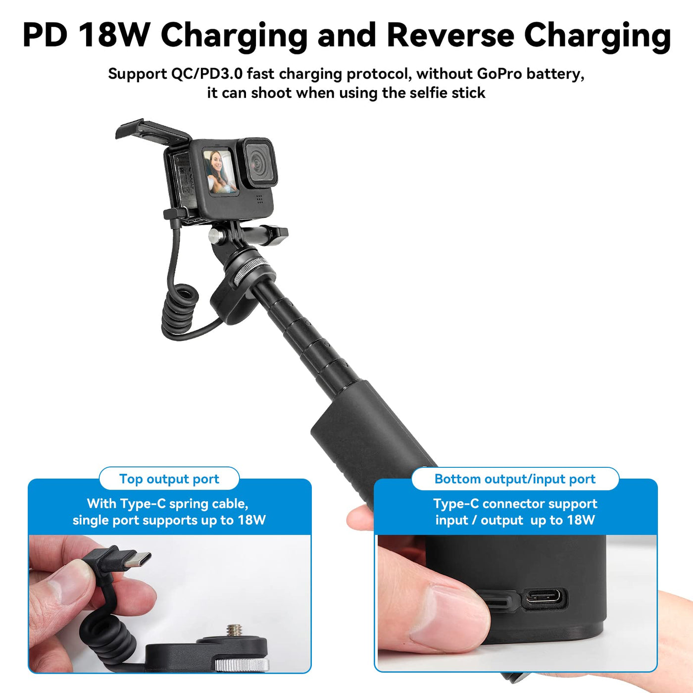 TELESIN Selfie Stick 10000mAh Battery with USB-C Cable for Action Camera