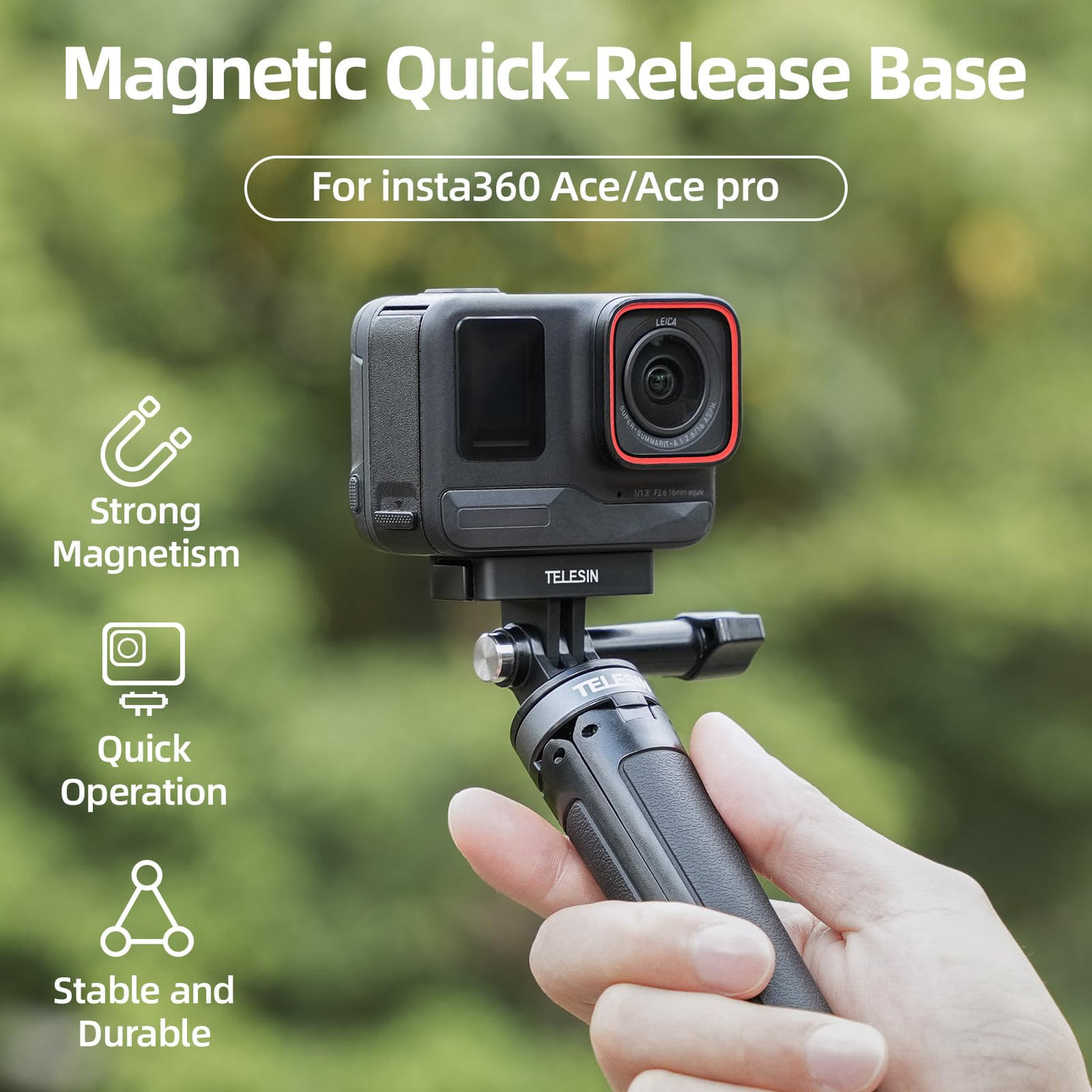 TELESIN Magnetic Quick Release Mount for Insta360 Ace/Ace Pro | Aluminum Snap-On Magnetic Two-Claw Base Mount with 1/4" Screw Hole