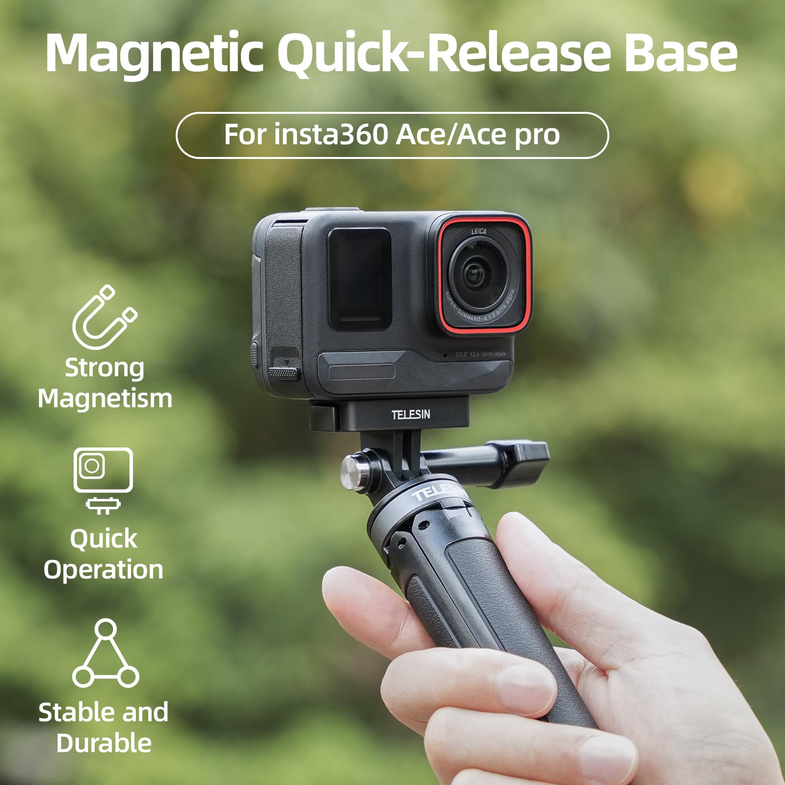 TELESIN Magnetic Quick Release Mount for Insta360 Ace/Ace Pro | Aluminum Snap-On Magnetic Two-Claw Base Mount with 1/4" Screw Hole