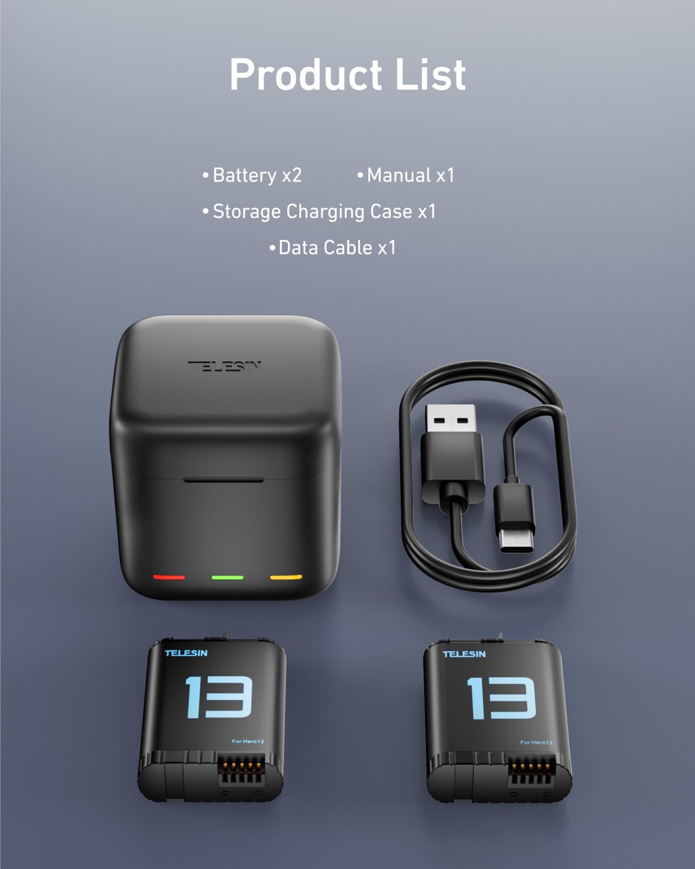 TELESIN 2-Pack Batteries and 3 Slots Storage Charger for GoPro HERO13 Black | Compatible with Original GoPro 13 Charger and Batteries