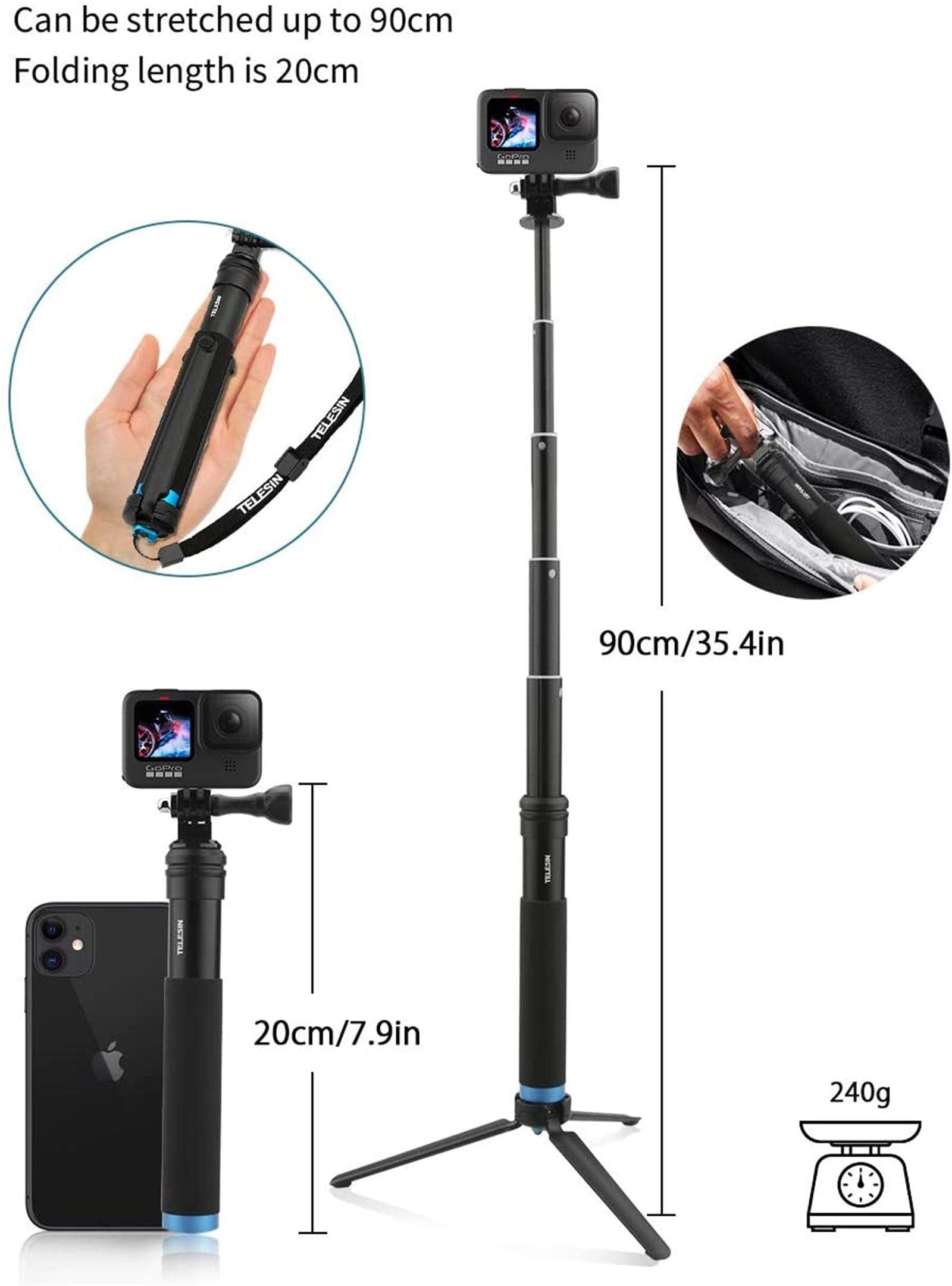 TELESIN Selfie Stick Monopod for GoPro, Selfie Pole with Tripod Mount Phone Holder Clip for GoPro Hero 11 10 9 8 7 6 5+, Insta360 One R RS, DJI Action 2 3 OSMO Action Camera